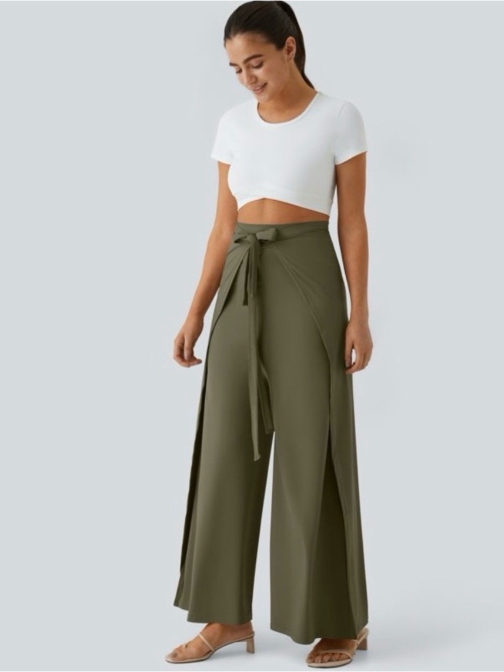 HALARA Green High Waisted Tie Front Hem Palazzo Wide
Leg Flowy Casual Pants
